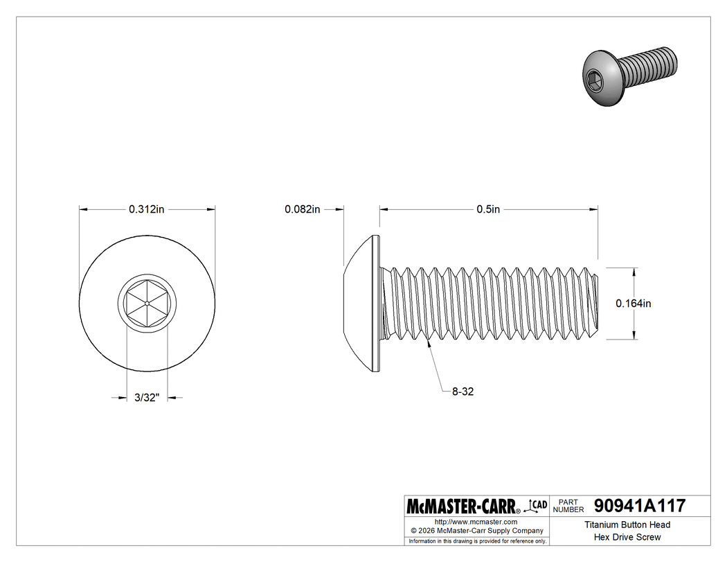 Technical Drawing of Titanium Button Head Hex Drive Screw, 8-32 Thread, 1/2" Long.